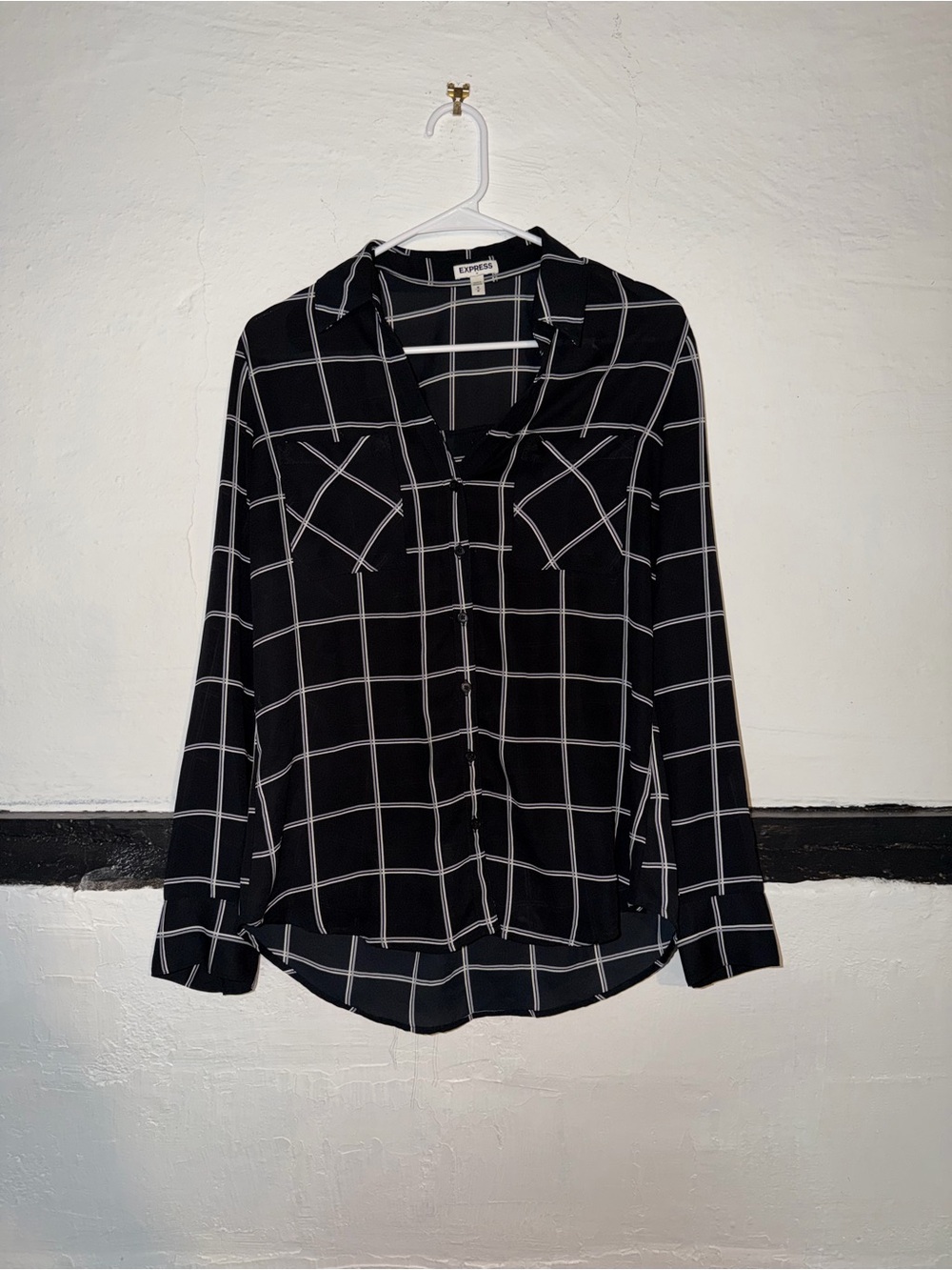 Express Black Windowpane Shirt with White Grid